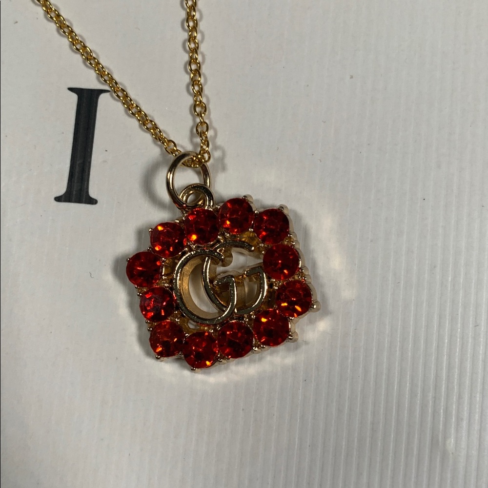 Stunning red rhinestone Upcycled Gucci pendant on 18” 925 gold plated chain